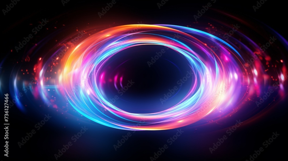 Poster neon blurry circles at motion . swirl trail effect . abstract luminous rings slow shutter speed effe
