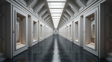 3D rendering of a corridor in a futuristic building with white doors