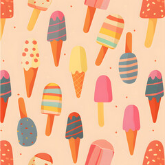 Seamless pattern with ice cream isolated on the peach pastel background. Summer concept wallpaper