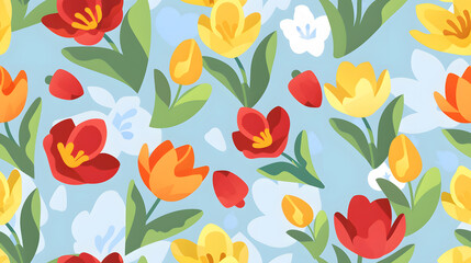 Seamless spring pattern with tulips on the pastel blue background
