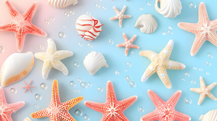 Pattern background with starfish and sea shells isolated on blue and pink paste background. Summer vacation conccept wallpaper.