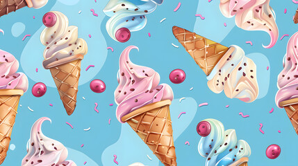Ice cream background pattern with red cherries on the blue pastel background. Summer concept wallpaper.