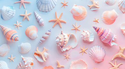Seashells on the pink and blue background. Summer vacation pattern