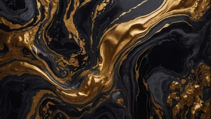 Gordijnen Obsidian abstract black marble background art paint pattern ink texture watercolor rustic gold fluid wall. © xKas