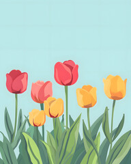 Red and yellow tulips on pastel light blue background. Spring Easter pattern concept idea