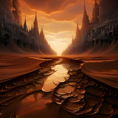 Cercles muraux Brun Fantasy landscape with temple and river at sunset. 3D illustration