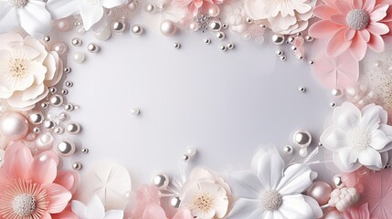 Beautiful gentle spring flowers in pastel colors and shining luxurious pearl forming a frame with empty copy space in the center, photorealistic