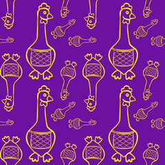 Seamless Golden hen on a purple background