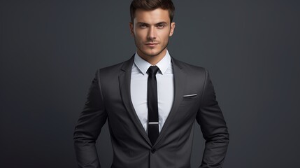 Young businessman standing with hands in pocket over gray background