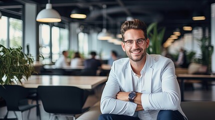 Fototapeta premium Young confident entrepreneur sitting in modern office smiling and looking at camera