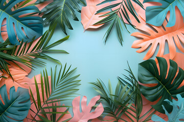 Colorful green and peach pastel leaves on the green background. Frame wallpaper with copy space spring concept 