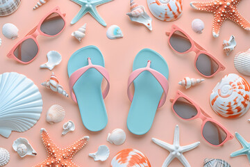 Summer pattern background with beach slippers, sunglasses, seashells, star fish on the peach pastel background. Holiday concept wallpaper