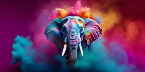 Fototapeten elephant in holi colors against bright colors background, multicolored explosions of holi colors, holi festival © Svitlana Sylenko