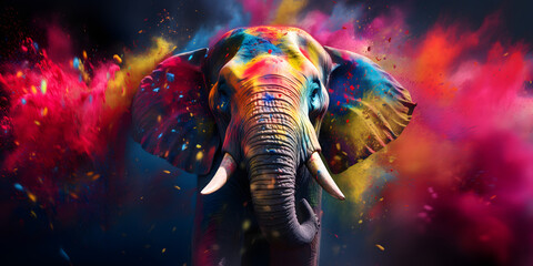 elephant in holi colors against bright colors background, multicolored explosions of holi colors, holi festival - obrazy, fototapety, plakaty