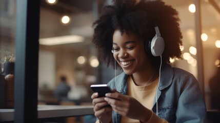Positive african american teen listening to music on headphones while browsing mobile phone checking playlist sitting in studio with blurred background - obrazy, fototapety, plakaty