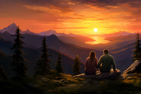 Happy couple sits on stones in the mountains and admires the landscape and sunset, mountain landscape