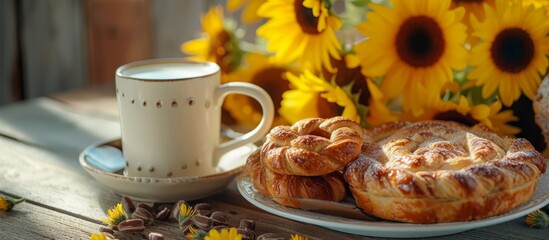 A delightful assortment of freshly baked pastries and a steaming cup of aromatic coffee on a plate