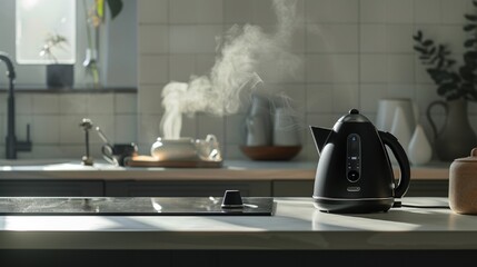 black electric kettle boiling water on a white countertop, emitting steam