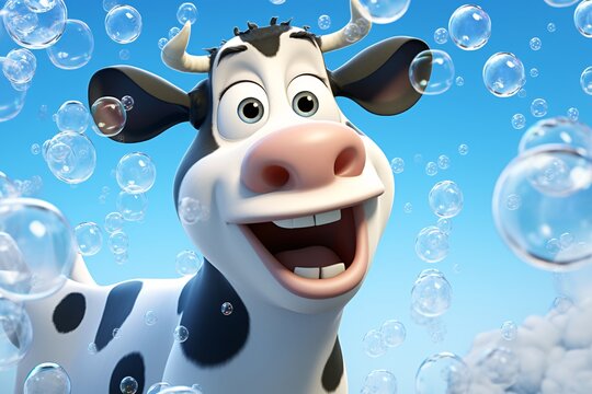 a cartoon cow in bubbles
