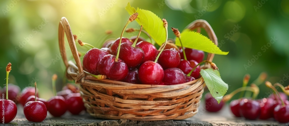 Sticker Fresh basket of cherries with green leaves on a wooden table in the countryside