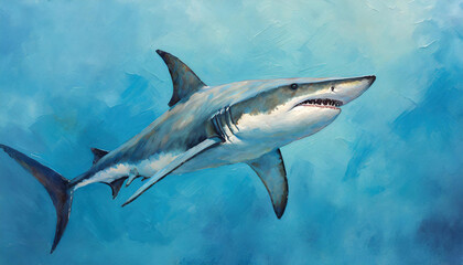 Oil painting of a Hammerhead Shark on pure blue background canvas, copyspace on a side - obrazy, fototapety, plakaty