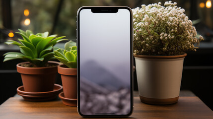 House calm atmosphere. Green plants background. Mockup of iphone screen with blurred mountains view on it. Selective focus. Copy space. Marketing concept 