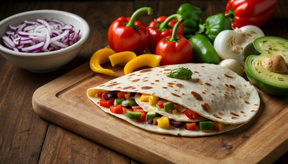 A vegetable quesadilla served on a wooden board, surrounded by various raw ingredients such as sliced bell peppers, diced onions, grated cheese, and tortillas, highlighting the fresh components