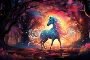Unicorn in a fairy forest - obrazy, fototapety, plakaty
