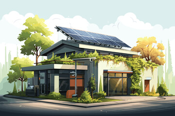Beautiful modern house with garden and solar panels on the gable roof. 3d rendering,AI generative. - obrazy, fototapety, plakaty