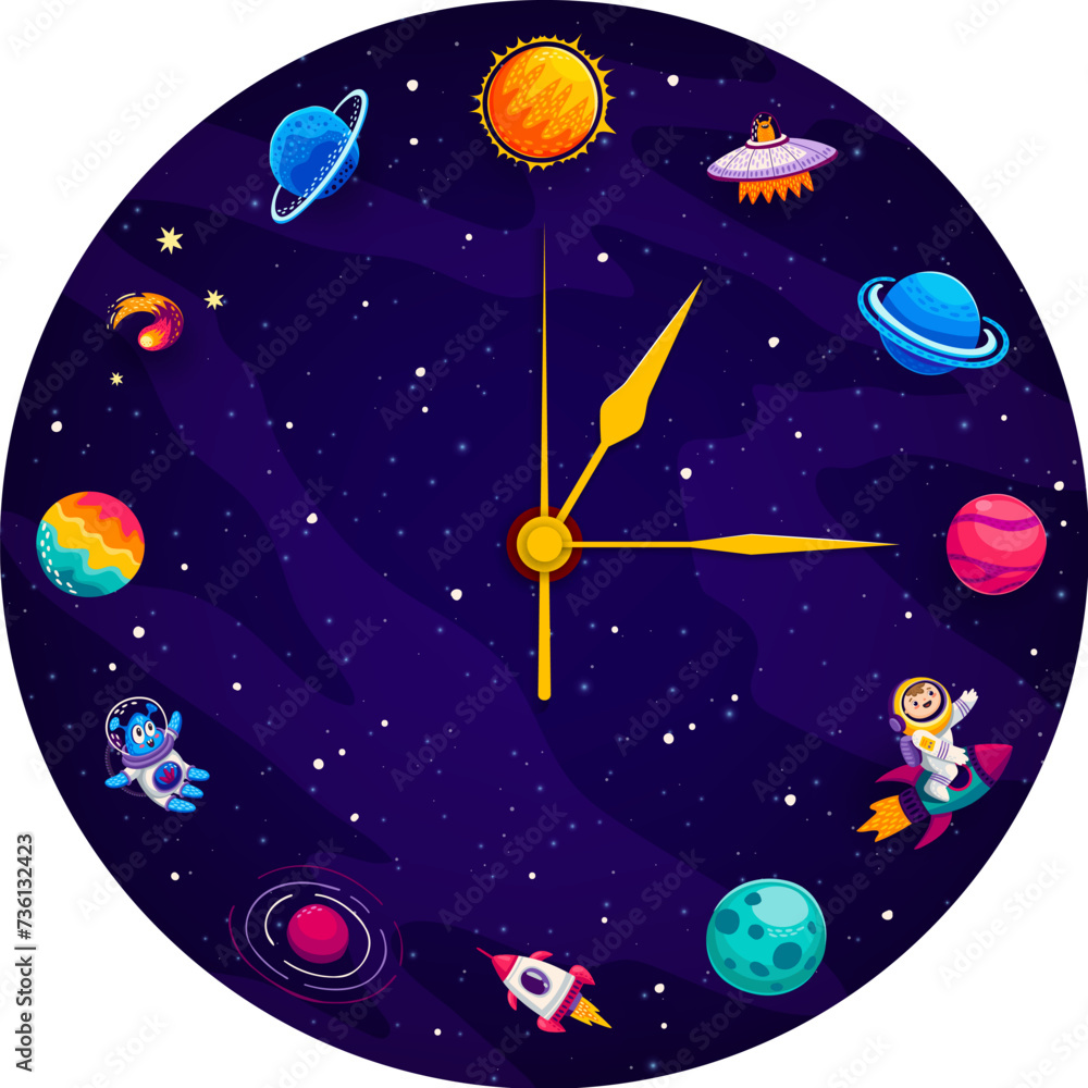 Poster galaxy space clock background with planets, rockets, kid spaceman and alien ufo, cartoon vector. clo