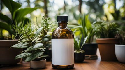 Farmacy concept. Mockup of glass supplement bottle on green plants background. Selective focus. Copy space. 