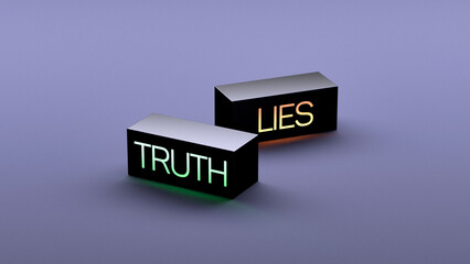 TRUTH LIES text, glowing inscription on blocks. Truth and lie concept, banner. 3D render