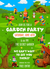 Obraz na płótnie Canvas Party flyer with cartoon garden gnome and dwarf characters, vector poster. Kids entertainment event for garden or farm harvest party with funny gnome farmers, burrow homes of fairy tale village