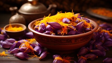 Saffron Autumn Crocus violet Flowers in Yellow Bowl. Harvest Saffron Flowers and Make most expensive Saffron Spice - Powered by Adobe