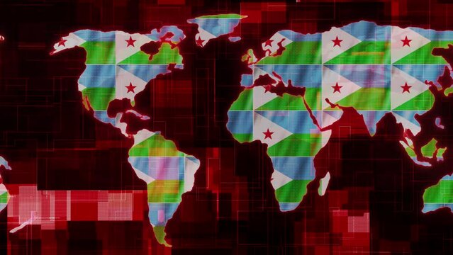Djibouti flag earth map glowing technology motion news background