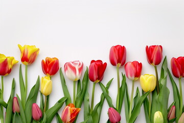 Red and yellow tulips border on white background with copy space. For advertising banners, sliders and flyers. International Women's Day concept