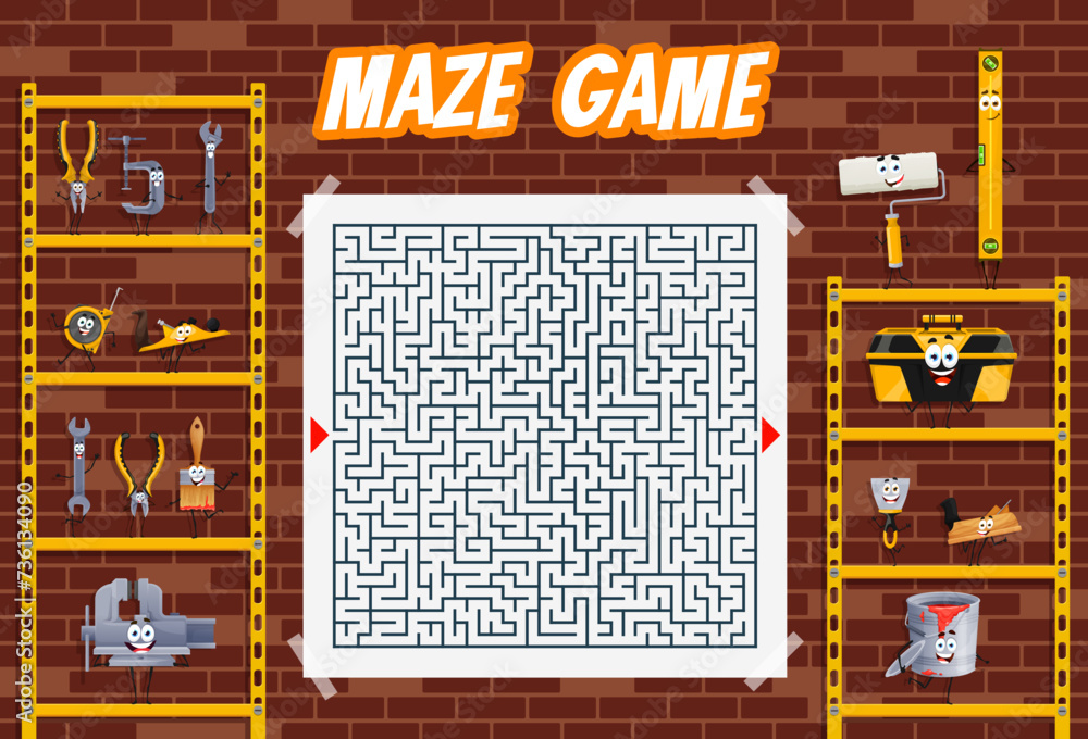 Poster kids labyrinth maze quiz game, help cartoon diy and repair tools characters to find friends, vector 