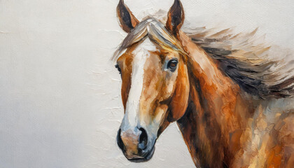 Oil painting of a horse head on pure white background canvas, copyspace