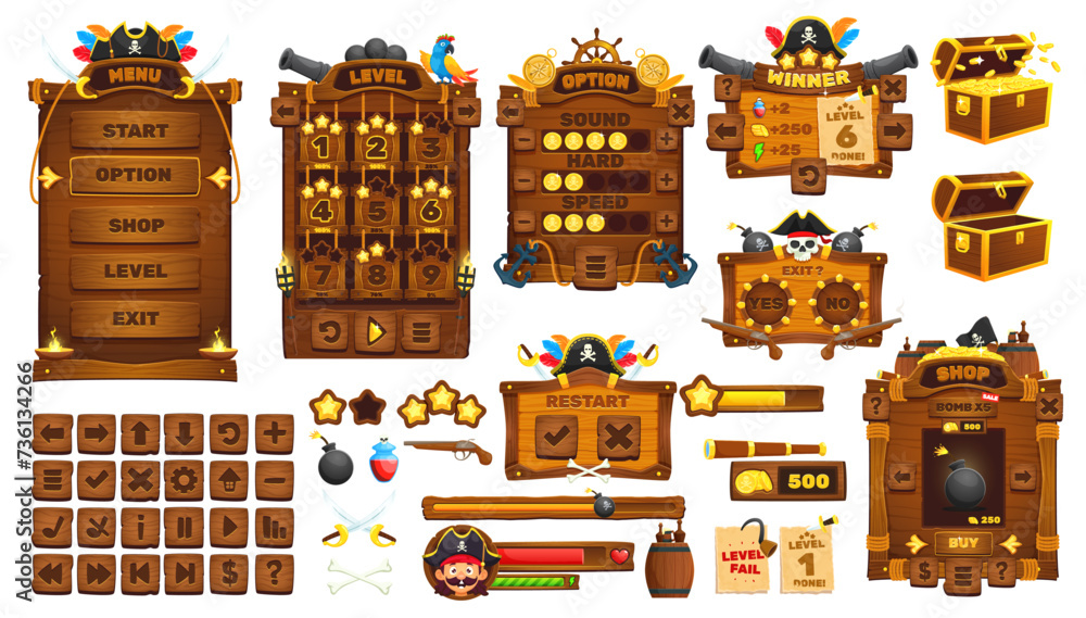 Poster pirates and corsairs game ui interface, game buttons and gui elements, vector assets. pirate cannons
