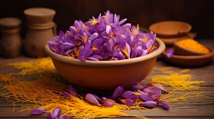 Obraz na płótnie Canvas Saffron Autumn Crocus violet Flowers in Yellow Bowl. Harvest Saffron Flowers and Make most expensive Saffron Spice