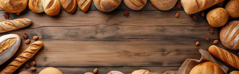 Poster Bakery, breads top view on the wooden table © Creative-Touch