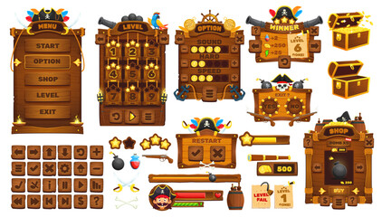 Pirates and corsairs game UI interface, game buttons and GUI elements, vector assets. Pirate cannons and bombs, treasure chest and gold coins, arcade game menu buttons and controls of level options © Vector Tradition