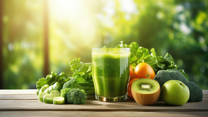 Vegetables and fruits for smoothies lie beautifully on a light wooden table, a glass with a green smoothie, with sun glare and light, top view - obrazy, fototapety, plakaty