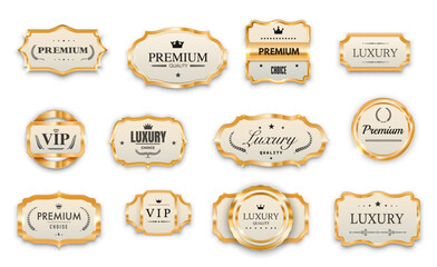 Luxury VIP golden labels, premium tags and award seals, quality stamps and stickers, vector set. Shiny golden VIP badges for premium quality wreath ribbon, star and royal crown for VIP certificate