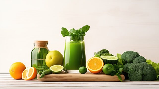 Vegetables and fruits for smoothies lie beautifully on a light wooden table, a glass with a green smoothie, with sun glare and light, top view