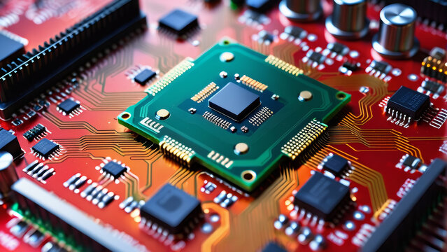 The central processor on the circuit board manages complex electronic pathways and functions.