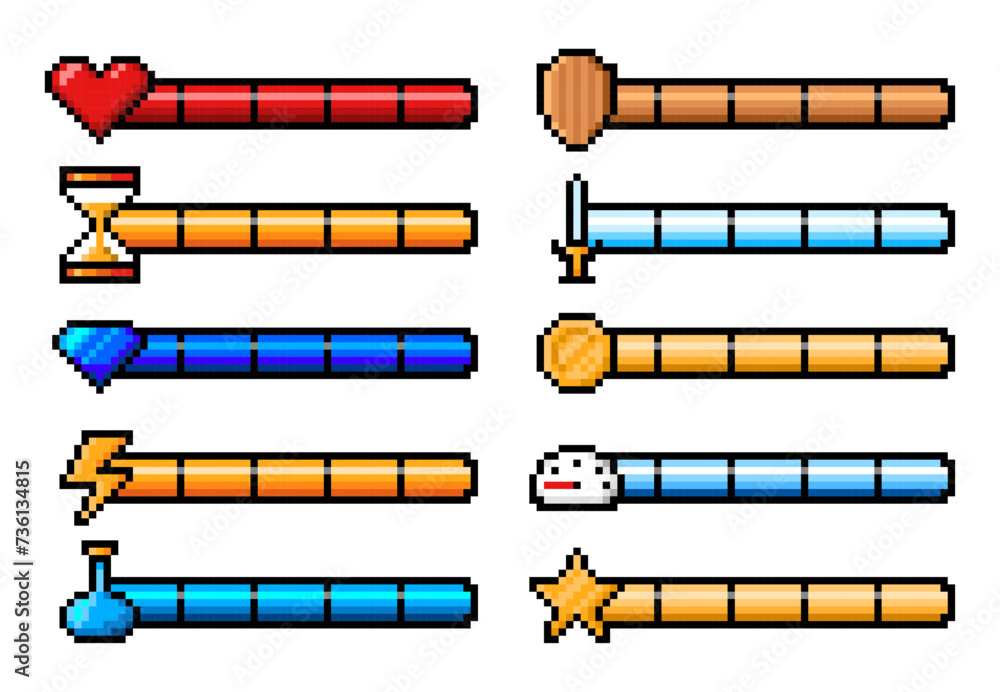 Poster 8bit pixel arcade game experience bars and energy levels, vector ui interface elements. arcade video