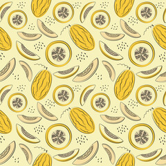 Seamless pattern with melon in flat style. Fruit flat minimal Vector illustration.