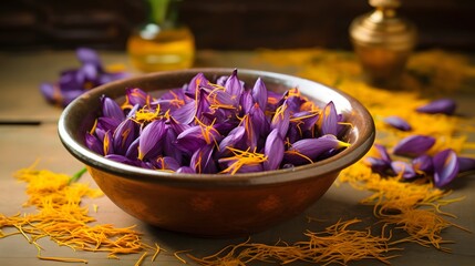 Saffron Autumn Crocus violet Flowers in Yellow Bowl. Harvest Saffron Flowers and Make most expensive Saffron Spice