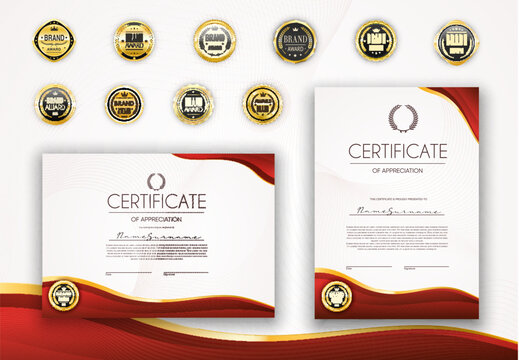 Red certificates, diploma award templates and golden seals, vector background. Brand award with laurel wreath and golden crown for best quality certificate, honor diploma and appreciation letter
